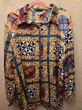 Vintage Baroque Print Blouse Mixed Pattern Gold Chain Plaid Shirt M L